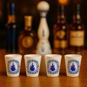 Shot Glass Set of 4 White Ceramic with Blue Metallic Agave